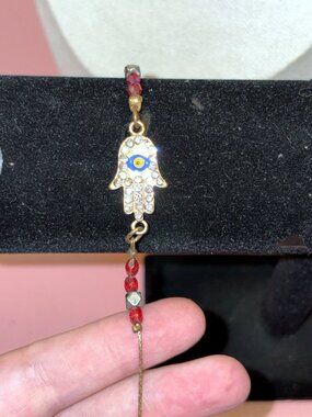 Hamsa Hand Evil Eye Pendant Red Bead Cord Necklace Rhinestone Protection